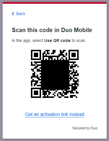 Back
Scan this code in Duo Mobile
In the app, select Use QR code to scan